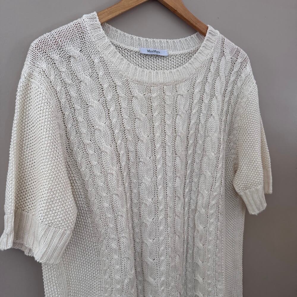 Max Mara Orosei Cable Flax Sweater Short Sleeve Cable Knit Cream $349 - Picture 3 of 7